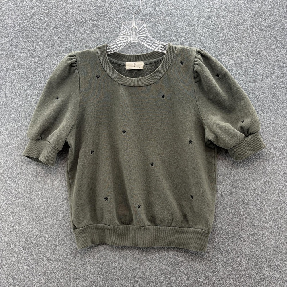 T La Shirt Womens Small Green Puff Sleeve Embroidered Star Crewneck Knit Top